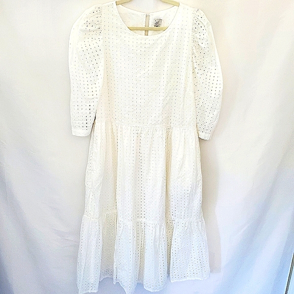 A New Day White Eyelet Puff Sleeve Midi Dress Cotton Ruffles Tiered Size XXL - Picture 2 of 15